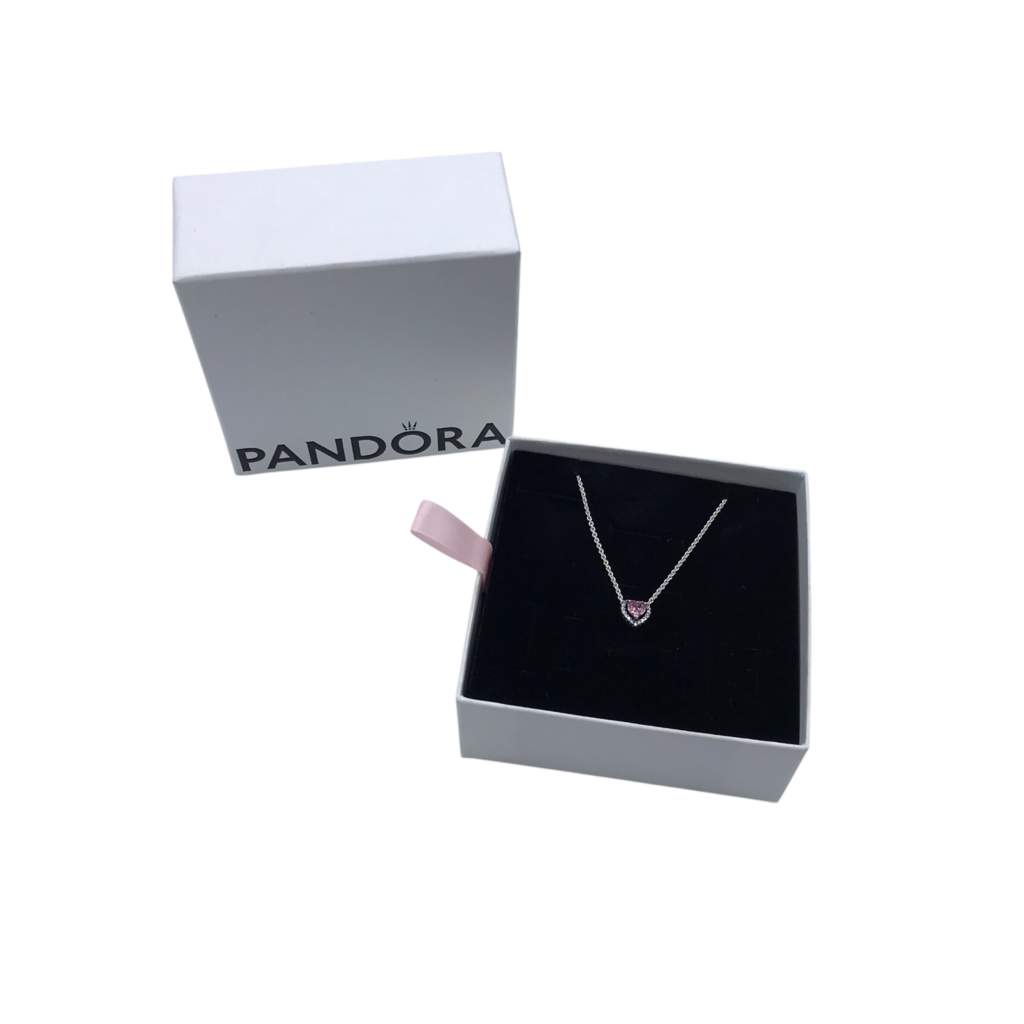 PANDORA RET$108 HEART PENDANT NECKLACE SILVER PINK