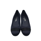 CHANEL PEARL EMBELLISHED SATIN CAP TOE PUMP LUXE SHOES NAVY 38