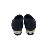 CHANEL PEARL EMBELLISHED SATIN CAP TOE PUMP LUXE SHOES NAVY 38