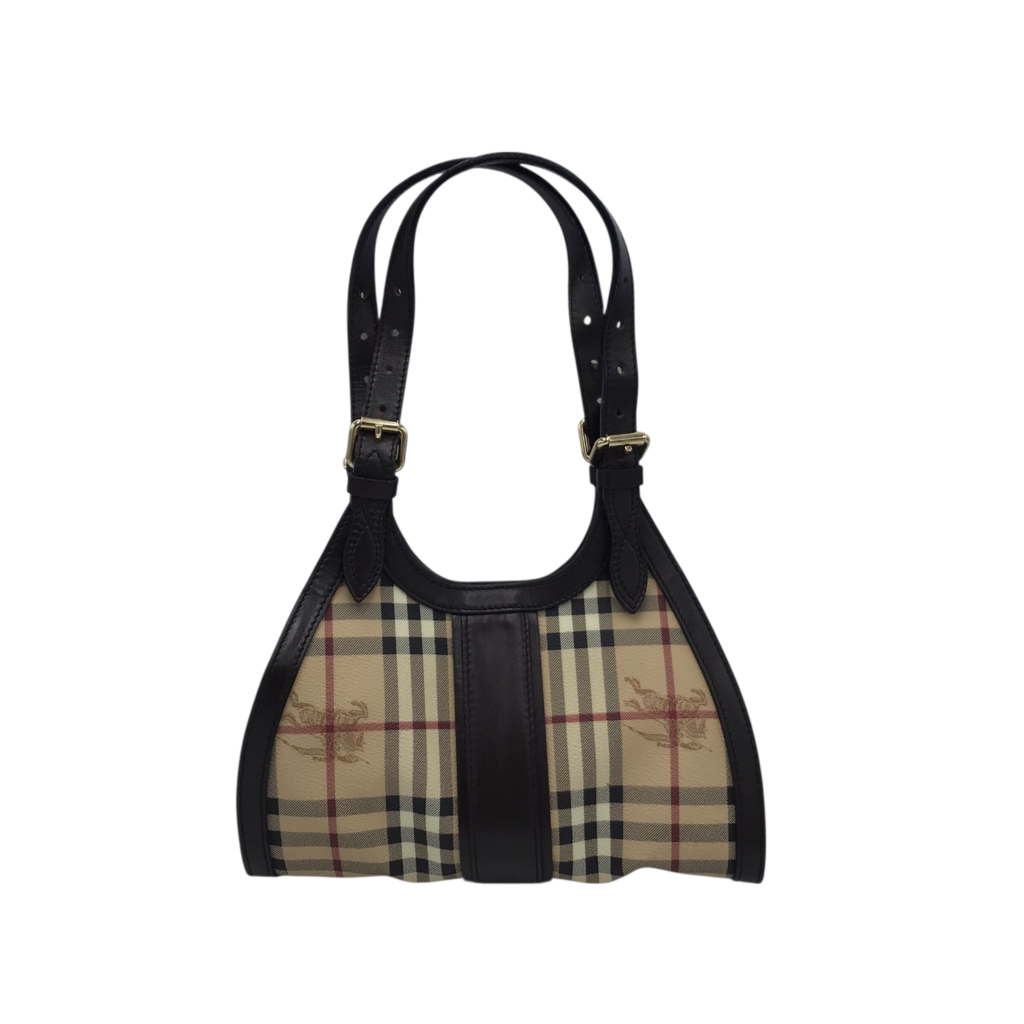BURBERRY HAYMARKET CHECK COATED CANVAS LUXE HANDBAG BEIGE
