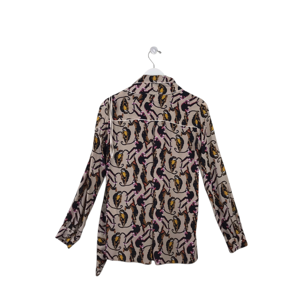 DOROTHEE SCHUMACHER PRIINT LONG SLEEVE NECK TIE DESIGNER BLOUSE BEIGE BLACK 1