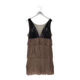 BCBGMAXAZRIA SEQUIN TIERED PLEATED DESIGNER DRESS BEIGE BLACK LARGE