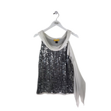 ST JOHN SLEEVELESS SEQUIN DESIGNER TOP SILVER WHITE SMALL