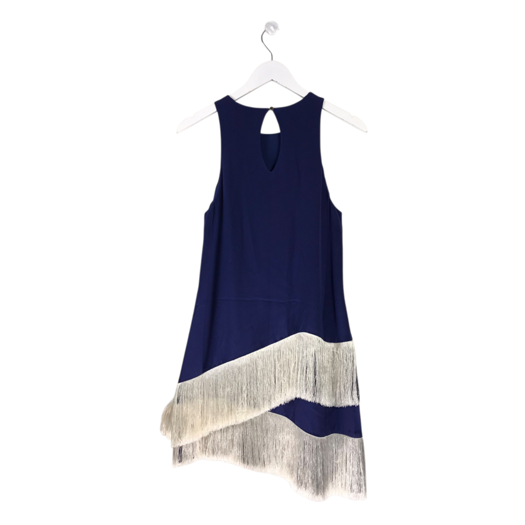 SLEEVELESS FRINGE DESIGNER DRESS NAVY WHITE SMALL