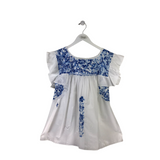 MI GOLONDRINA EMBROIDERED RUFFLE SLEEVE DESIGNER TOP WHITE BLUE LARGE