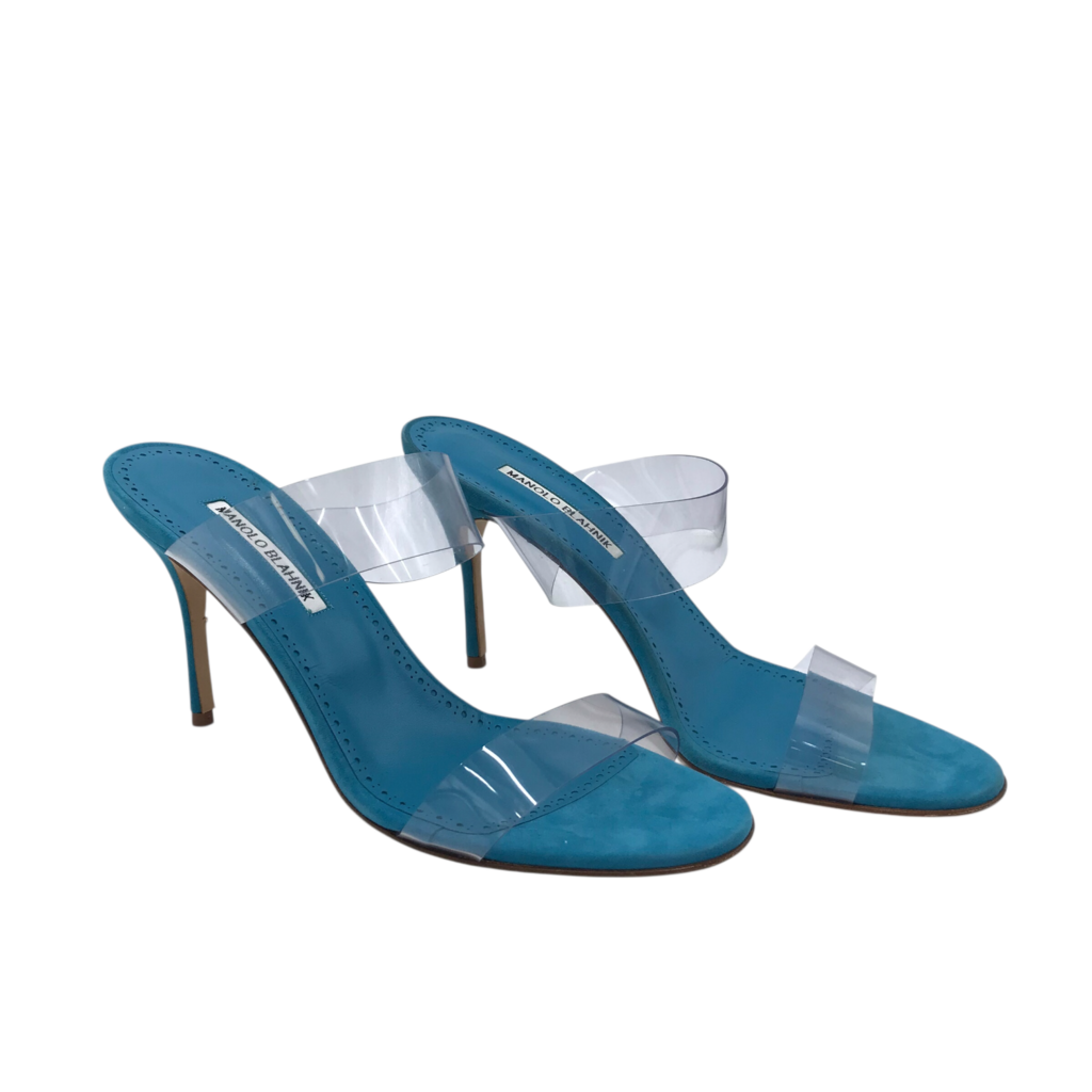 MANOLO BLAHNIK "SCOLTO" TRANSPARENT STRAP LUXE SHOES TEAL 41.5