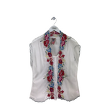 JOHNNY WAS EMBROIDERED CAP SLEEVE DESIGNER BLOUSE WHITE PINK MEDIUM