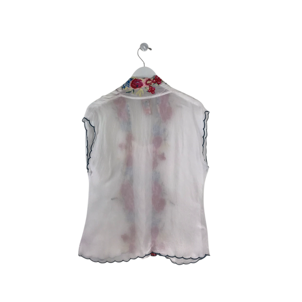 JOHNNY WAS EMBROIDERED CAP SLEEVE DESIGNER BLOUSE WHITE PINK MEDIUM