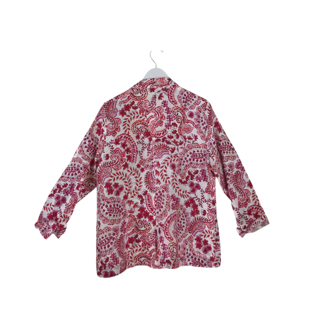 JOHNNY WAS RET$255 100% LINEN OPEN DESIGNER BLAZER RED WHITE LARGE