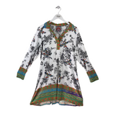 JOHNNY WAS LONG SLEEVE MIDI DESIGNER DRESS WHITE GREEN LARGE