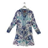 JOHNNY WAS LONG SLEEVE MIDI DESIGNER DRESS WHITE BLUE LARGE