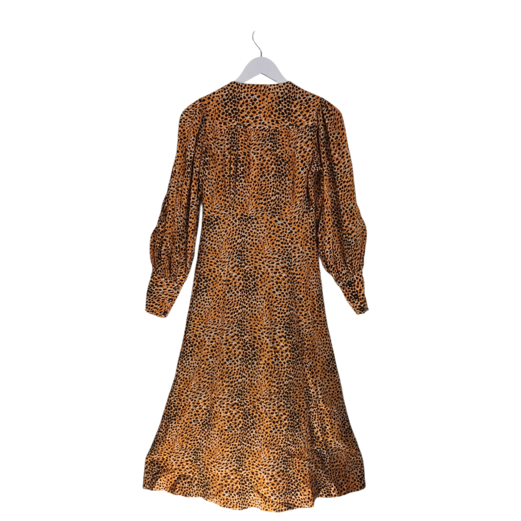 GANNI ANIMAL PRINT BALLOON SLEEVE MIDI DESIGNER DRESS ORANGE BLACK 36