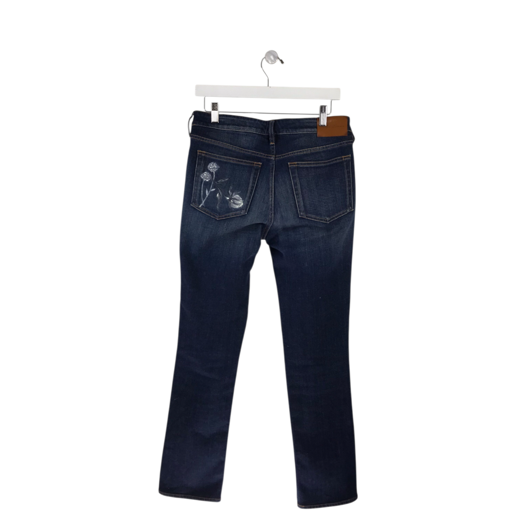 RALPH LAUREN RET$1390 FLORAL PAINTED STRAIGHT LEG DESIGNER JEANS BLUE WHITE 29