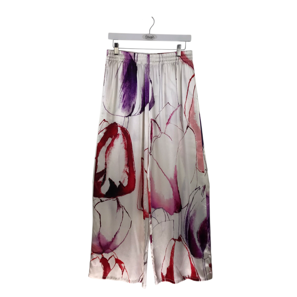 2PC TOP/PANT SILK SATIN DESIGNER OUTFIT WHITE PURPLE MEDIUM