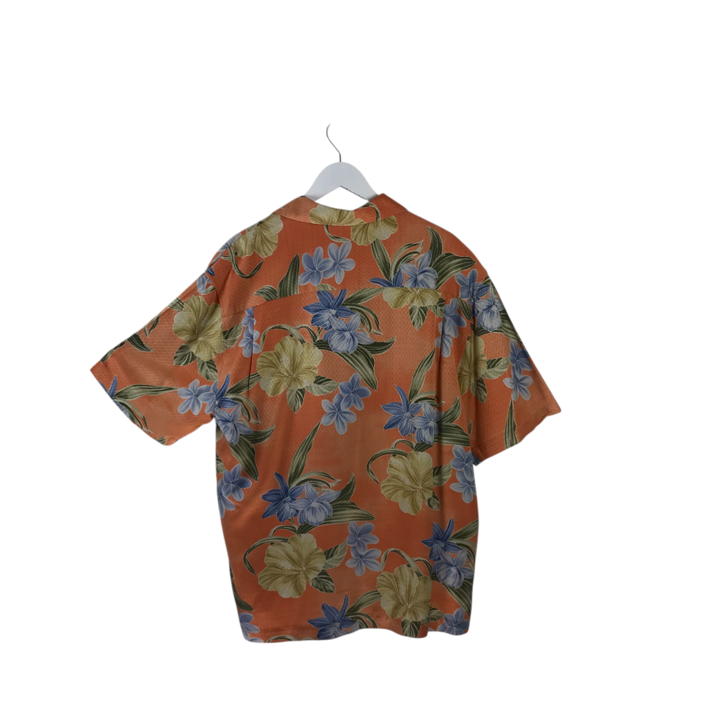 TOMMY BAHAMA SILK FLORAL SHORT SLEEVE MEN SHIRT ORANGE BLUE LARGE