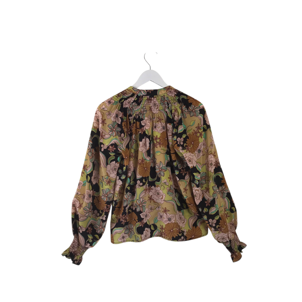 JOHNNY WAS SILK FLORAL LONG SLEEVE DESIGNER BLOUSE YELLOW BLACK XSMALL