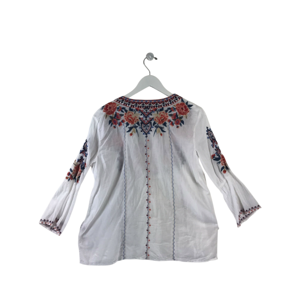 JOHNNY WAS EMBROIDERED DESIGNER TOP WHITE RED MEDIUM