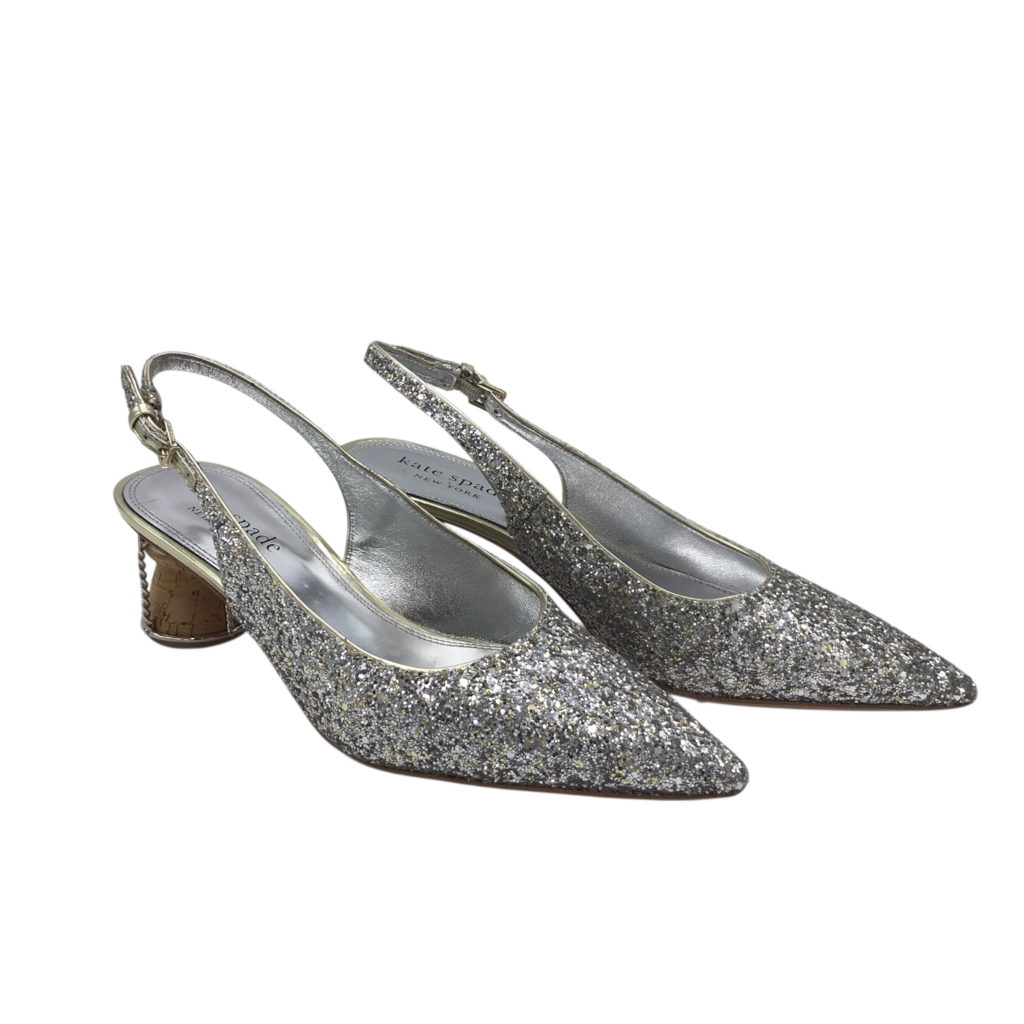 KATE SPADE RET$298 GLITTER SLINGBACKS DESIGNER SHOES SILVER 7.5B
