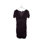 HALSTON HERITAGE RET$395 DRAPED SHORT SLEEVE DESIGNER DRESS BROWN MEDIUM