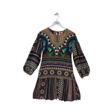 FARM RIO PRINT LONG SLEEVE DESIGNER DRESS BLACK MULTI XSMALL