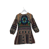 FARM RIO PRINT LONG SLEEVE DESIGNER DRESS BLACK MULTI XSMALL