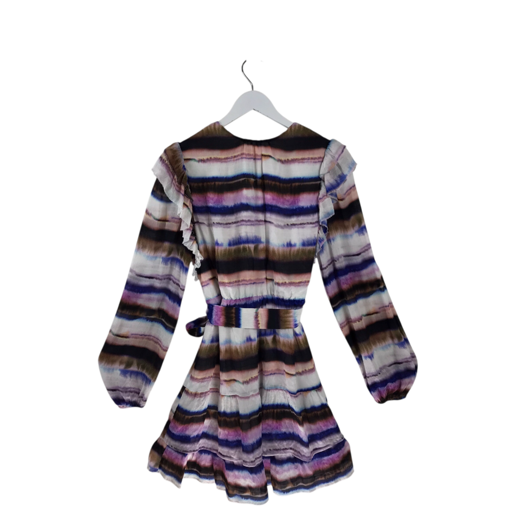 MARIE OLIVER PRINT LONG SLEEVE TIE BELT DESIGNER DRESS WHITE MULTI LARGE