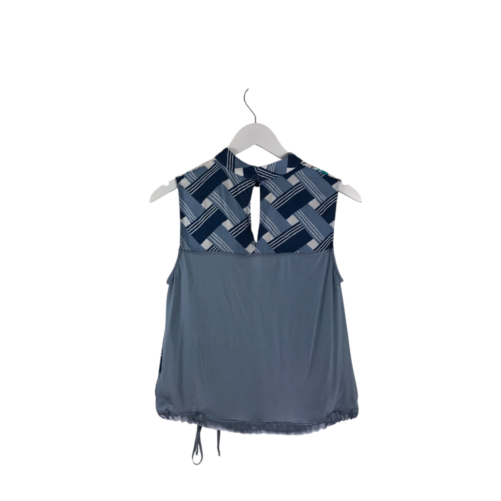 TINY NWT$88 PLAID FLORAL SLEEVELESS DESIGNER TOP BLUE AQUA XSMALL