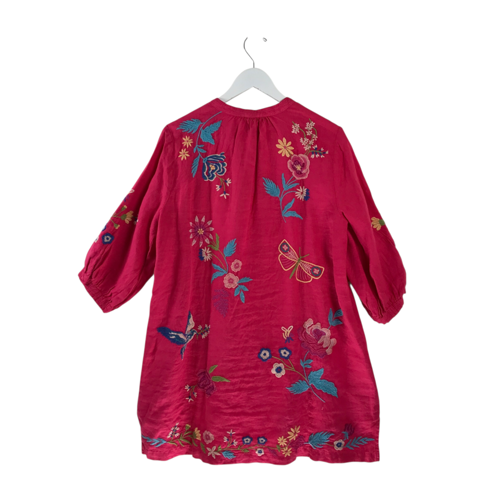 JOHNNY WAS EMBROIDERED 3/4 SLEEVE DESIGNER DRESS PINK BLUE LARGE
