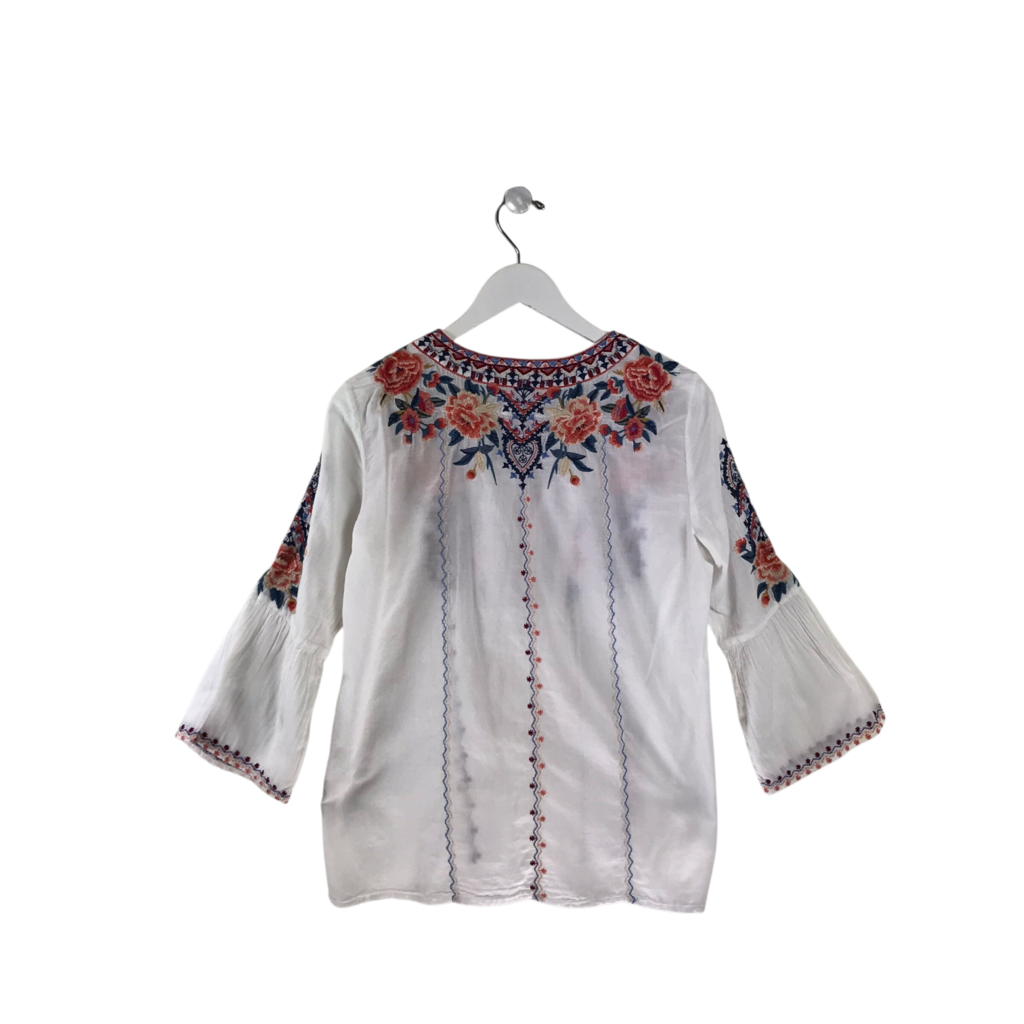 JOHNNY WAS EMBROIDERED FLARE SLEEVE DESIGNER TOP WHITE RED SMALL