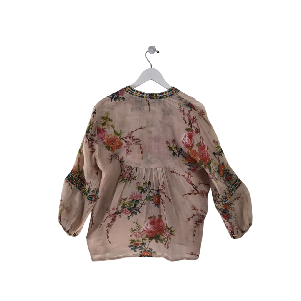 JOHNNY WAS EMBROIDERED LONG SLEEVE DESIGNER TOP PINK GREEN MEDIUM