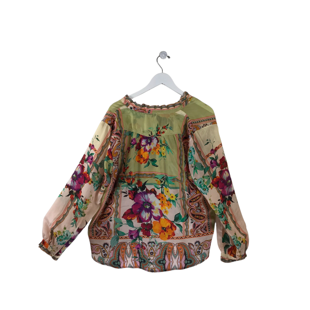 JOHNNY WAS SILK FLORAL LONG SLEEVE DESIGNER BLOUSE CREAM MULTI LARGE