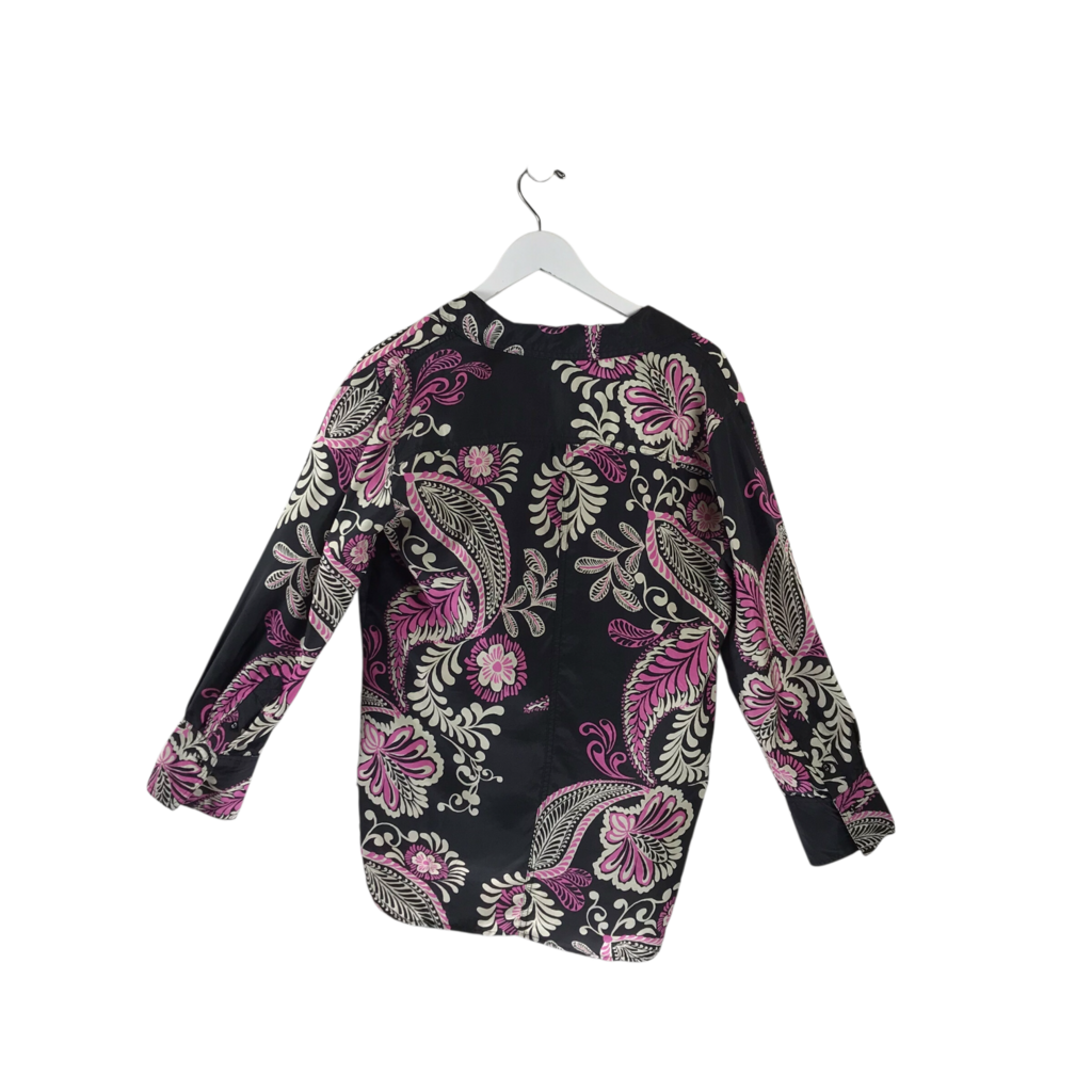 JOHNNY WAS NWT$230 SILK LONG SKEEVE DESIGNER BLOUSE BLACK PURPLE SMALL