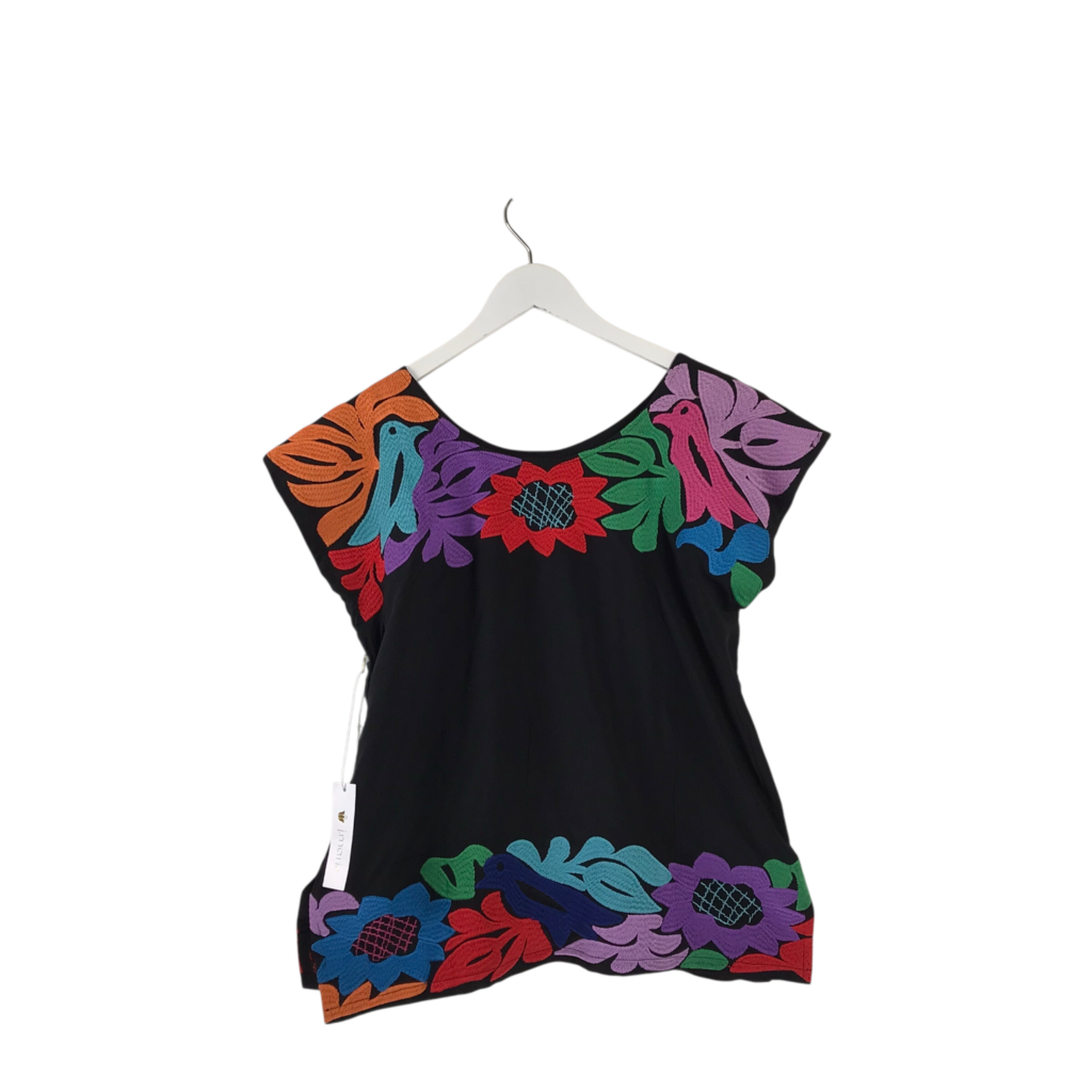 J MARIE NWT$80 FIESTA EMBROIDERED CAP SLEEVE DESIGNER TOP BLACK MULTI MEDIUM