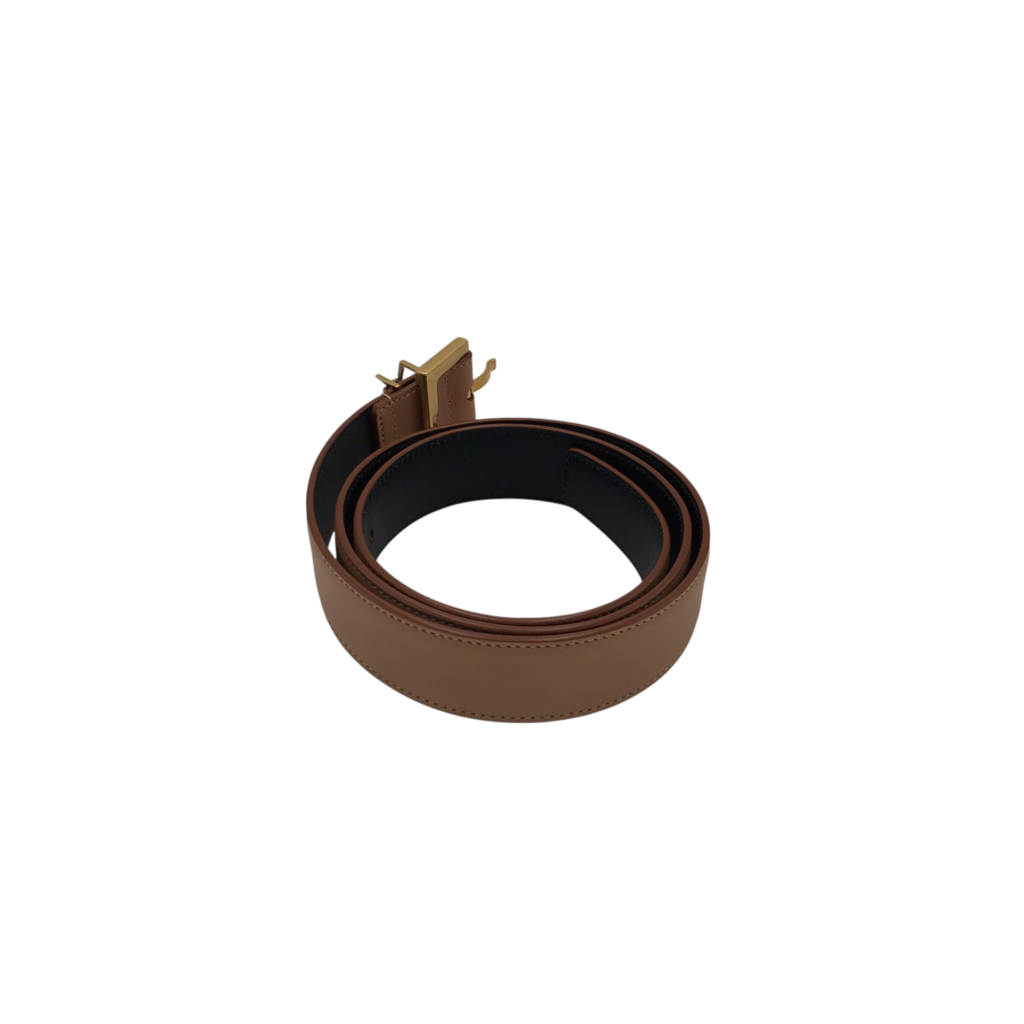 YSL RET:$475 "CASSANDRE THIN SQUARE BUCKLE LUXE BELT BROWN 80/32