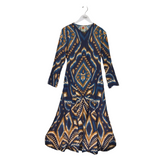 FARM RIO NWT$230 PRINT LONG SLEEVE MAXI DESIGNER DRESS BLUE TAN XSMALL