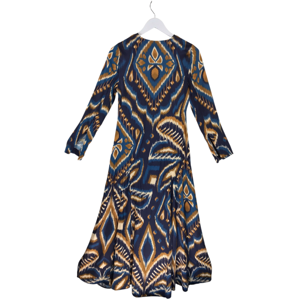 FARM RIO NWT$230 PRINT LONG SLEEVE MAXI DESIGNER DRESS BLUE TAN XSMALL