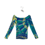 EMILIO PUCCI PRINT LONG SLEEVE DESIGNER TOP BLUE TEAL MEDIUM