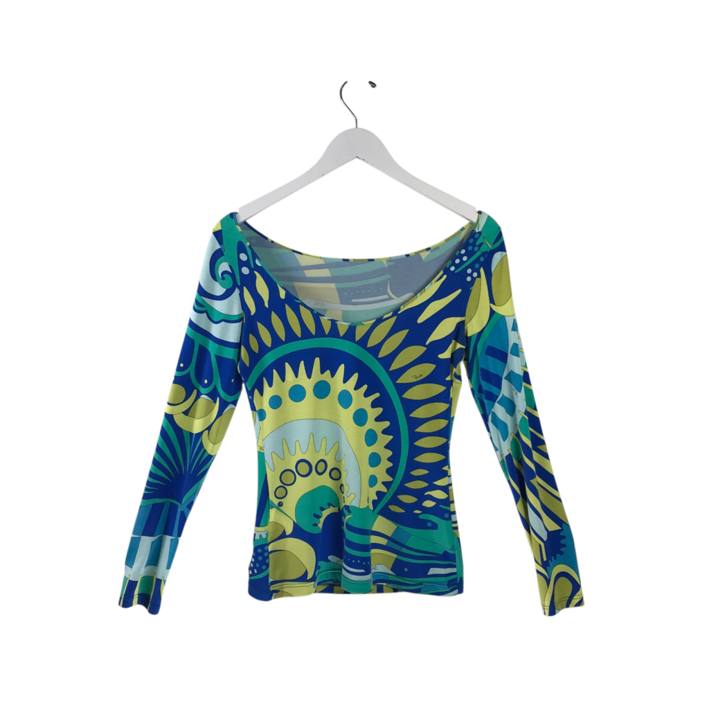 EMILIO PUCCI PRINT LONG SLEEVE DESIGNER TOP BLUE TEAL MEDIUM