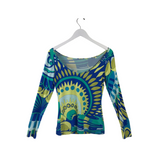 EMILIO PUCCI PRINT LONG SLEEVE DESIGNER TOP BLUE TEAL MEDIUM