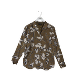 LAFAYETTE 148 SILK PRINT LONG SLEEVE DESIGNER BLOUSE OLIVE CREAM MEDIUM