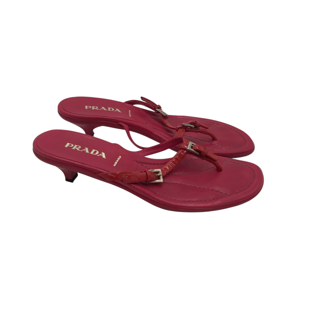 PRADA` PATENT THONG KITTEN HEEL SANDALS LUXE SHOES HOT PINK 37.5
