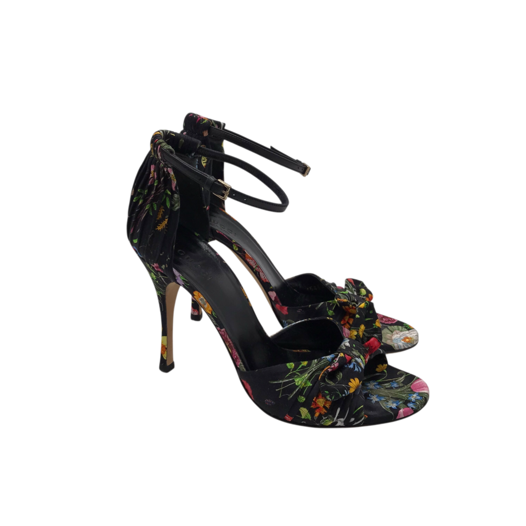 GUCCI FLORAL SATIN PLEATED ANKLE PUMP LUXE SHOES MULTICOLOR 7.5