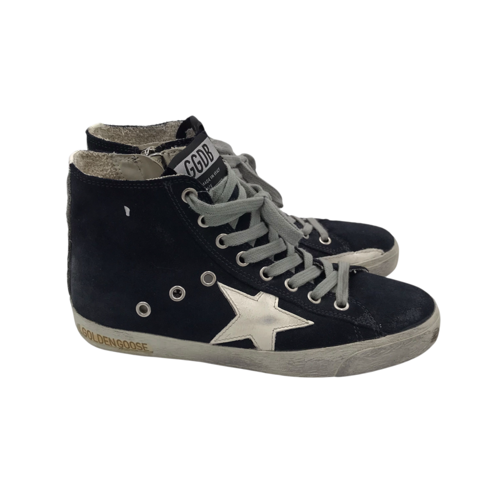 GOLDEN GOOSE RET$660 "FRANCY" SUEDE HI-TOP SHOES BLACK WHITE 6