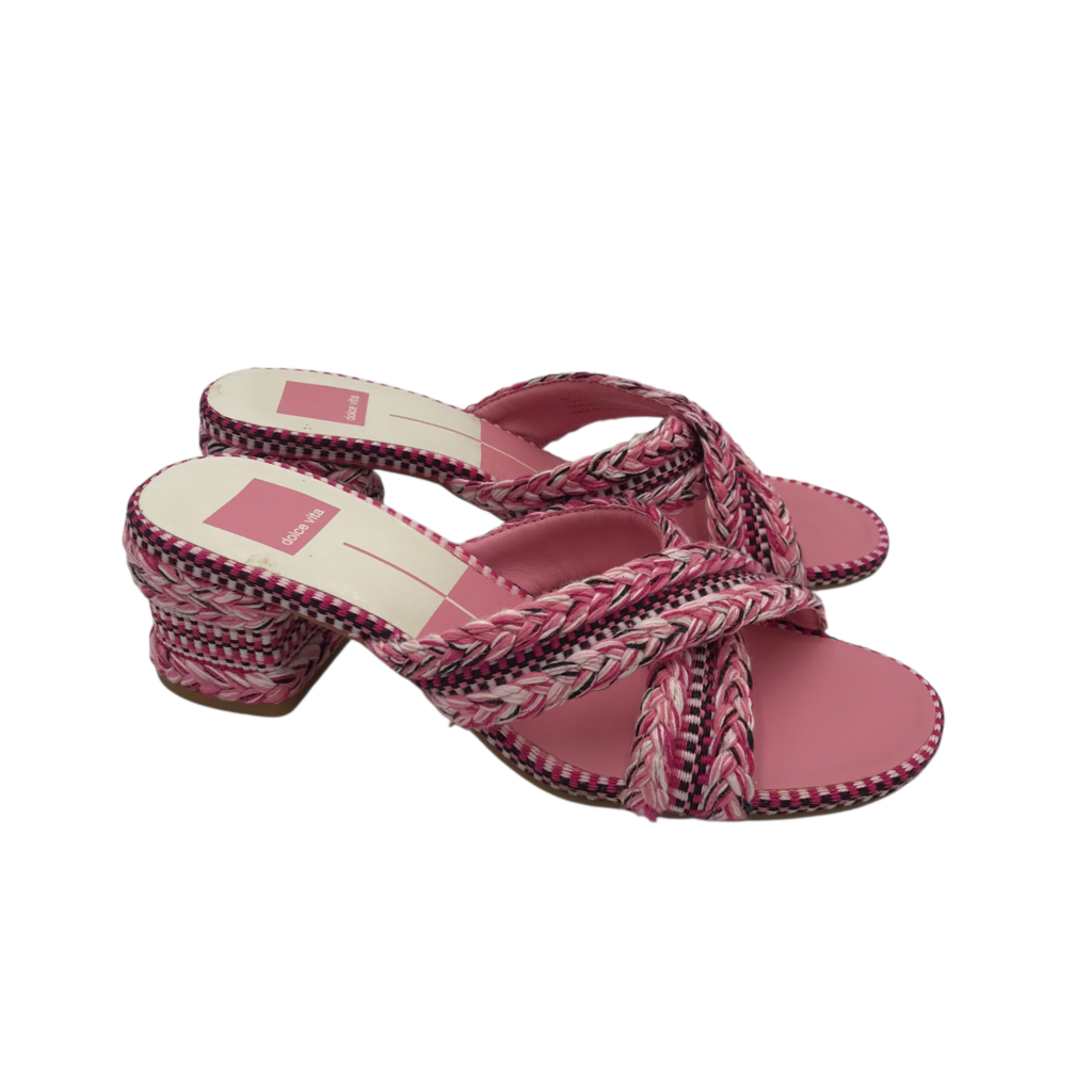 DOLCE VITA RET$130 WOVEN BLOCK HEEL SANDAL SHOES PINK BLACK 8M