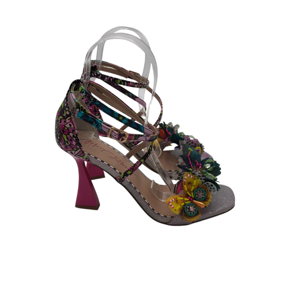 BETSEY JOHNSON ANKLE STRAP SANDAL HEEL BUTTERFLY APPLIQUE SHOES MULTI 6