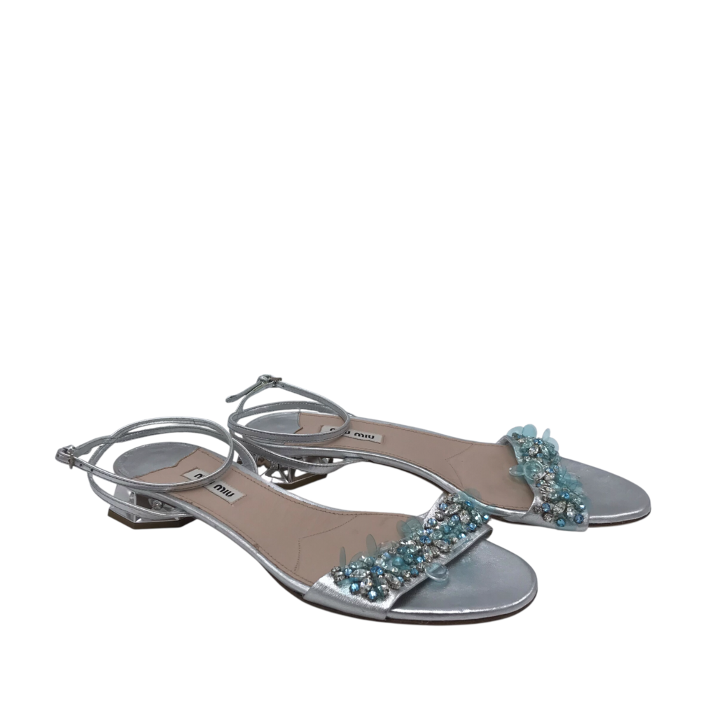 MIU MIU HEEL ANKLE STRAP SANDAL DESIGNER SHOES SILVER BLUE 9