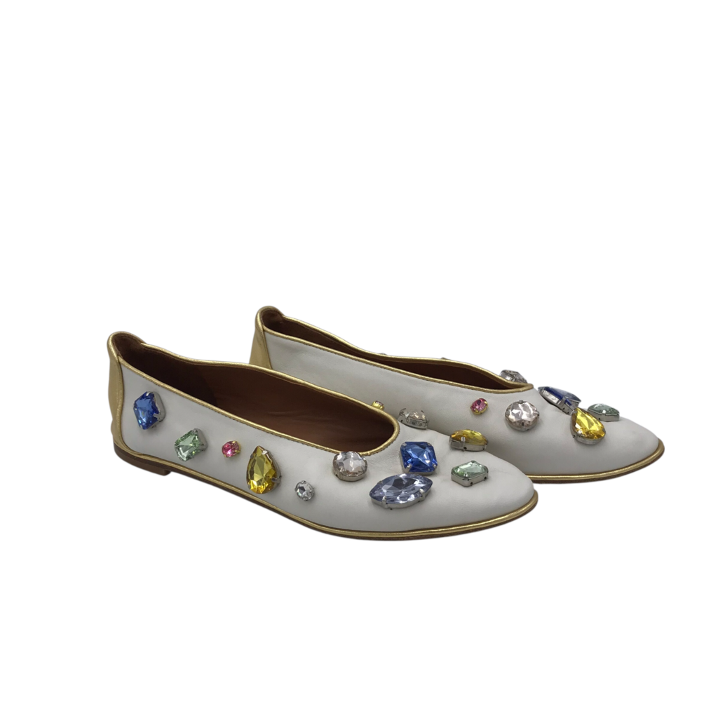 TORY BURCH RHINESTONES FLAT SHOES WHITE MULTI 8M