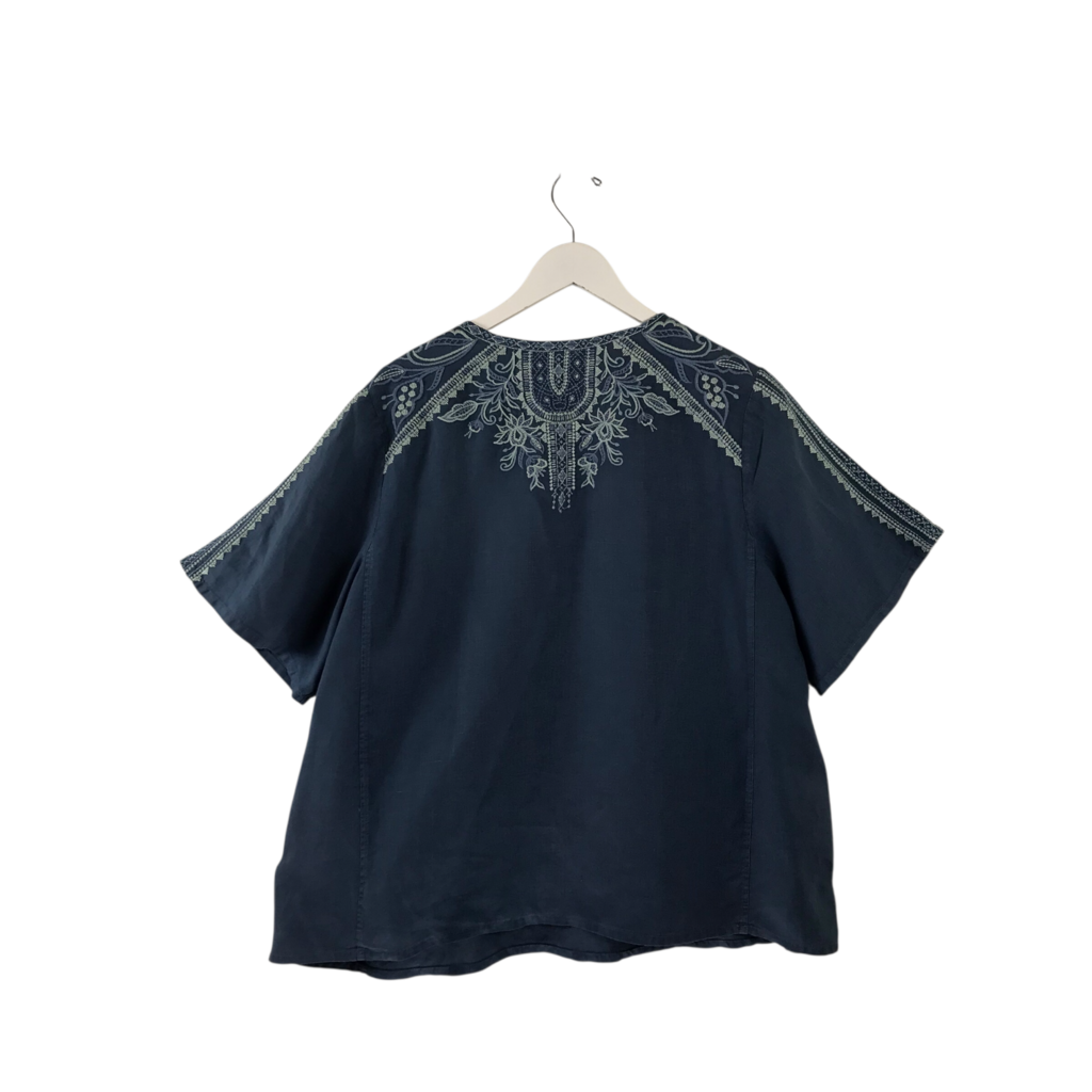 JOHNNY WAS LINEN EMBROIDERED SHORT SLEEVE DESIGNER TOP BLUE WHITE XLARGE