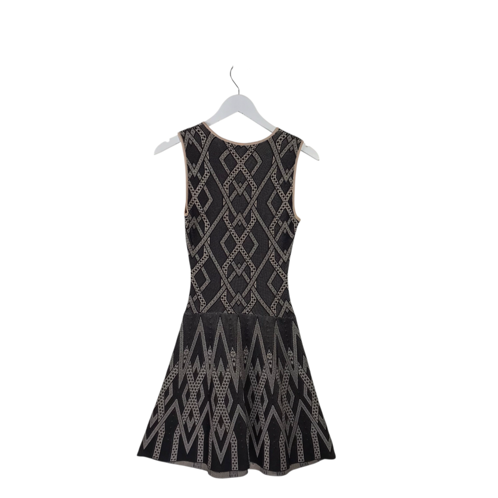 BCBGMAXAZRIA RET$338 KNIT PRINT SLEEVELESS DESIGNER DRESS BLACK BEIGE XSMALL