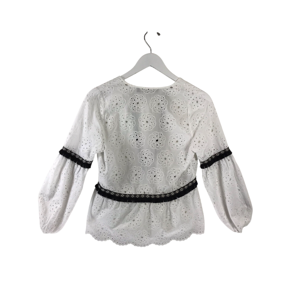 ZARA BASIC BRODERIE LONG SLEEVE BLOUSE WHITE BLACK XSMALL